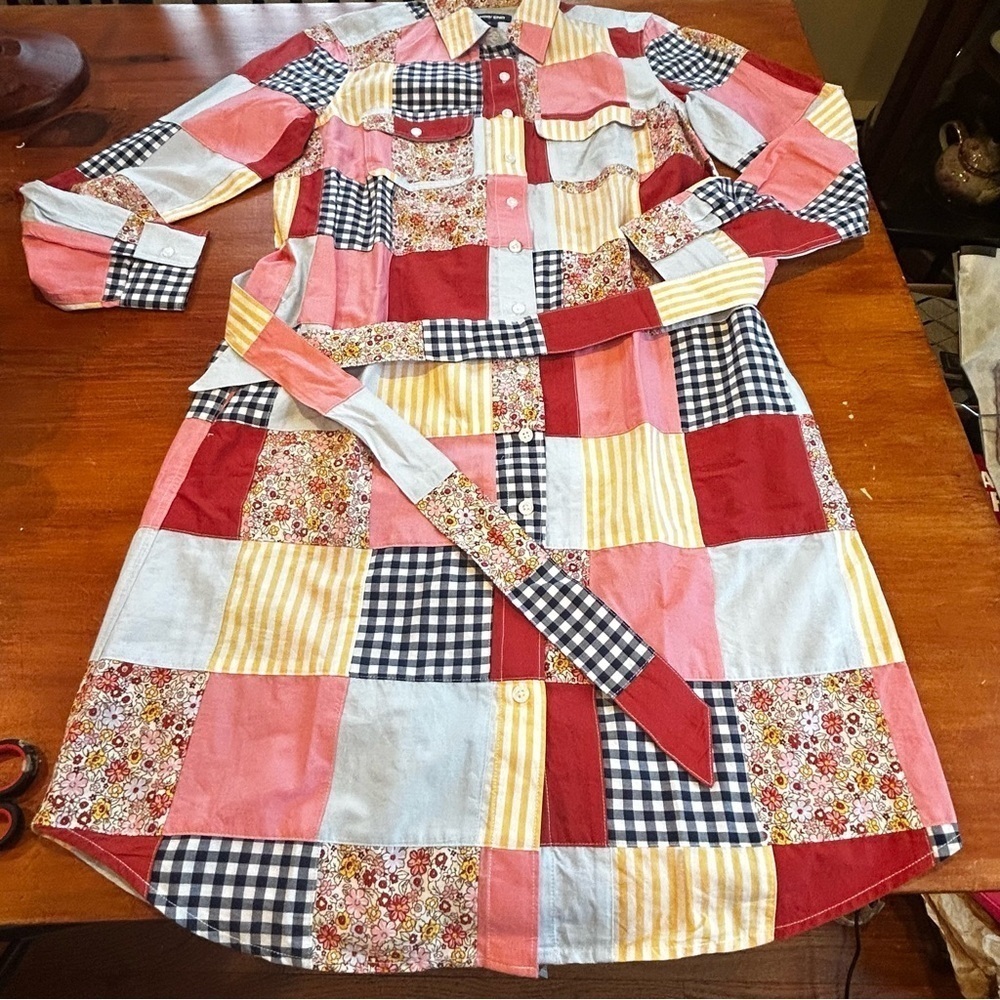 Lands' End Patchwork Shirt Dress Belted 100% Cotton Pockets S Boho Cottagecore - Picture 3 of 16